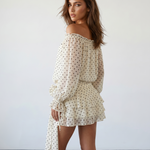 Beige Off Shoulder Chiffon Polka Dot Relaxed Fit Mini Dress