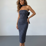 Polka Dot Strapless Choker Neck Bodycon Midi Dress with Bow