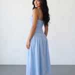 Light Blue Ruched Spaghetti Strap Midi Dress