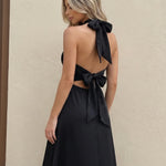 Black Cross Wrap Halter Front Keyhole Cutout Midi Dress