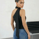 Black Asymmetrical One Shoulder Neck Tie Blouse