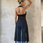 Black Sheer Ruffled Halter Neck Longline Top