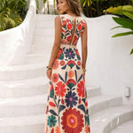 3D Floral Print Round Neck Sleeveless A-Line Maxi Dress