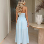 Light Blue Halter V Neck Drawstring Ruched Flowy Midi Dress