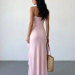 Pink Satin Spaghetti Strap Ruffle Mermaid Maxi Dress