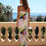 Multicolor Abstract Watercolor Pleated Maxi Dress