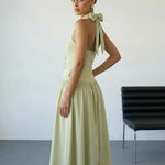 Light Green Halter Neck Bow Back Midi Dress