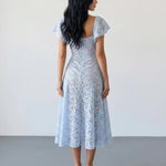 Sky Blue Floral Lace Fitted Waist Midi Dress