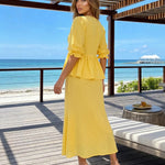 Yellow V Neck Double Front Tie Puff Sleeve Top Midi Skirt Two Piece Set