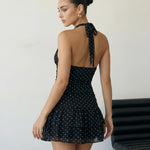 Black Polka Dot Halter Neck Ruffle Hem Mini Dress