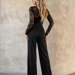 Black Lace Sleeve Bow Belt Wide Leg Jumpsuit