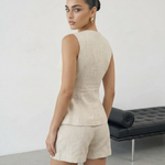Beige Linen Blend Waistcoat Tailored Shorts Set