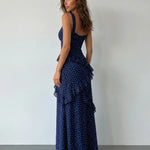 Blue Polka Dot Ruffle Strap High Slit Maxi Dress