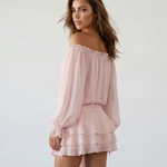 Beige Off-Shoulder Balloon Sleeve Ruffled with Floral Sash Mini Dress
