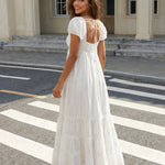 White Puff Sleeve Lace Tiered V Neck Maxi Dress