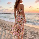 Multicolor Abstract Floral Ruched V Neck Pleated Midi Dress