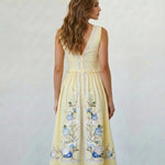 Yellow Floral Embroidery V-Neck Midi Dress