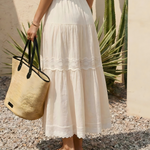 Cream White Tiered Lace Trim Maxi Skirt