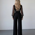 Black Sheer Mesh Sleeve Studded Cuff Slim Fit Long Jumpsuit