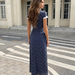 Navy Blue Floral Lace Trim Midi Dress