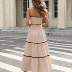 Beige Ric Rac Trim Crop Top Tiered Maxi Skirt Set