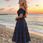 Navy Blue Polka Dot Off-Shoulder Tiered Midi Dress