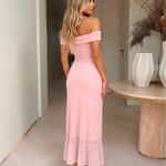Blush Pink Off Shoulder Ruched Ruffle Slit Midi Dress