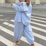 Blue Striped Cotton Harem Relaxed Fit Ankle Length Pants
