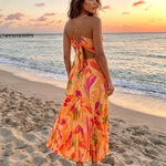 Orange Tropical Print Twisted V Neck Pleated Midi Dress