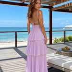 Lavender Pleated Tiered Spaghetti Strap Maxi Dress