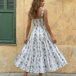 White Floral Print Square Neck Tiered Maxi Dress