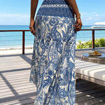 Blue Paisley Floral Smocked High Waist Tiered Maxi Skirt