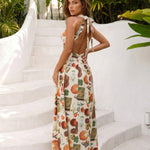 Vintage Fruit and Icon Print Halter Neck Maxi Dress
