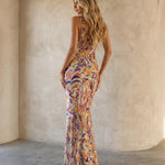Multicolor Marble Print Halter Neck Mermaid Maxi Dress
