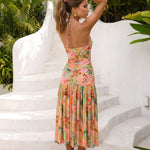 Pink Tropical Palm Print Halter Midi Dress