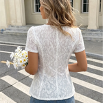 White Lace Square Neck Keyhole Tie Front Short Puff Sleeve Blouse