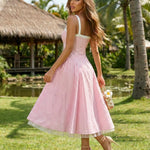 Pink Gingham Lace Trim Midi Dress