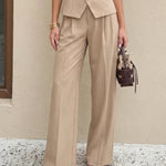 Beige Pinstripe High Waist Pleated Wide Leg Trousers