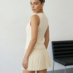 White V Neck Sleeveless Vest And Pleated Skirt Set