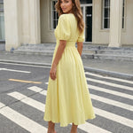 Yellow V-neck Button Front Smocked Slim Fit Midi Dress