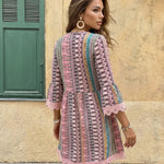 Bohemian Print V Neck Half Sleeve Lace Trim Mini Dress