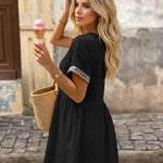 Black Ethnic Embroidered V Neck Short Sleeve Swing Mini Dress