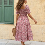 Floral Print Square Neck Puff Sleeve Tiered Midi Dress