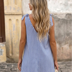 Blue White Vertical Stripe Tie V-Neck Mini Dress