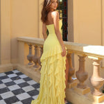 Yellow Strapless Ruffle High Low Maxi Dress