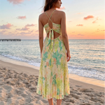 Green Tropical Floral Ruched V Neck Pleated Midi Dress