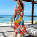 Multicolor Floral Print Deep V Neck Flutter Sleeve Midi Dress