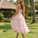 Pink Floral Embroidered Tulle Midi Dress