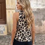 Beige Leopard Print Halter Side Tie Sleeveless Blouse