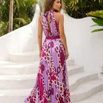 Purple Chain Print Halter Neck Pleated Maxi Dress